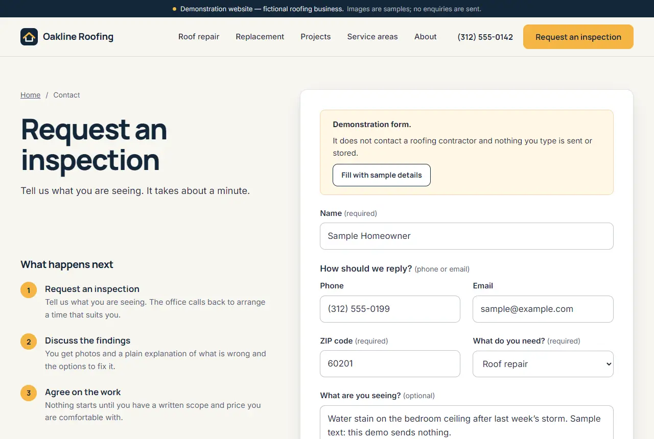 The sample site's inspection-request form, filled with sample details