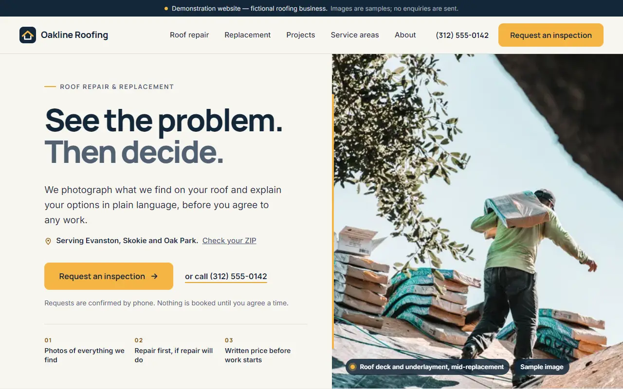 Desktop view of the sample roofing website, showing the headline and inspection button